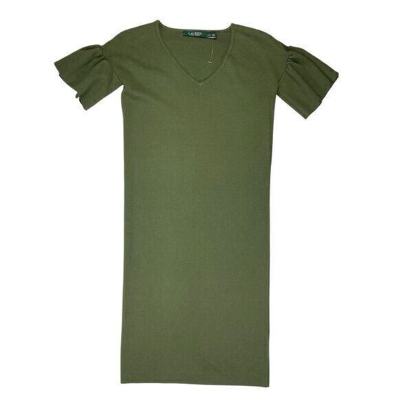 Lauren Ralph Lauren Sweater Dress Women XXS Green V Neck Flutter Sleeve Midi New - Picture 2 of 13